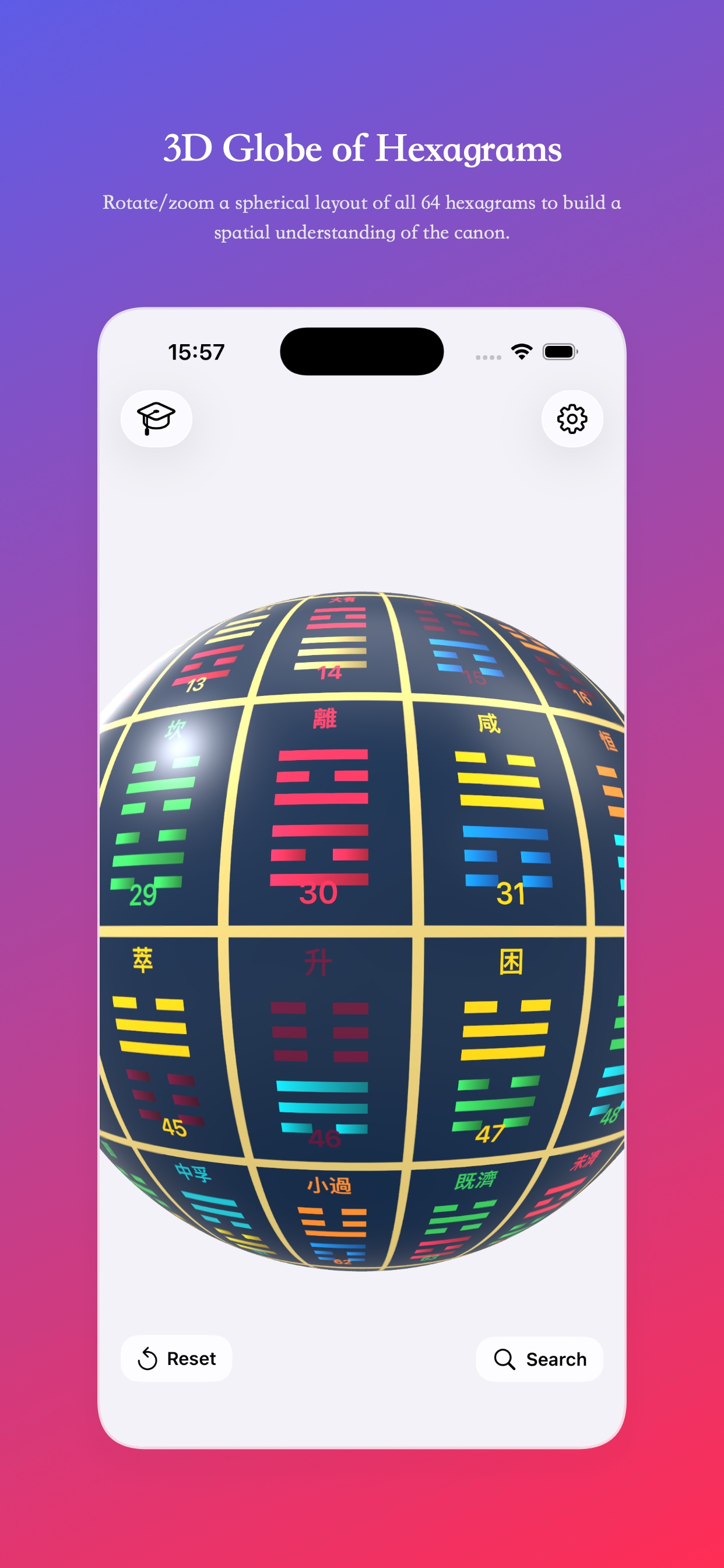 3D globe of I Ching hexagrams screen